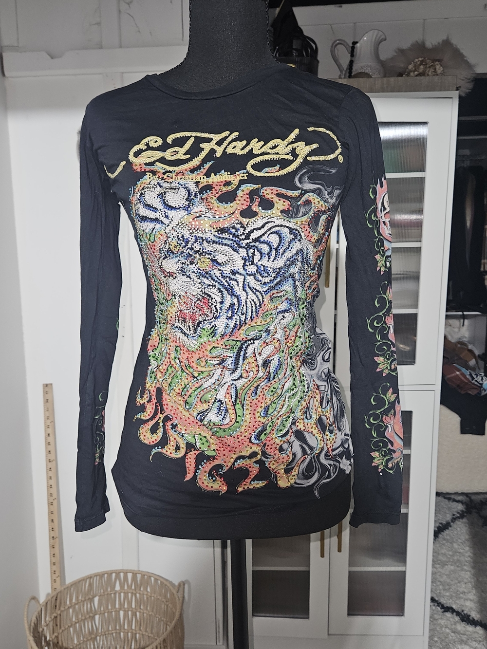 Ed Hardy Black Long-Sleeve Graphic Tee with Multicolor Embellished Design